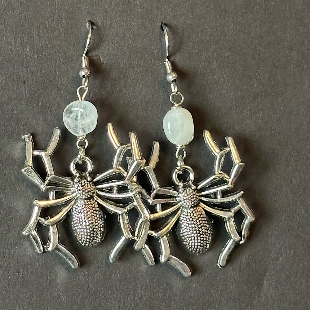 Silver Spider Web Earrings, Halloween spider earrings, witchy moonstone earring